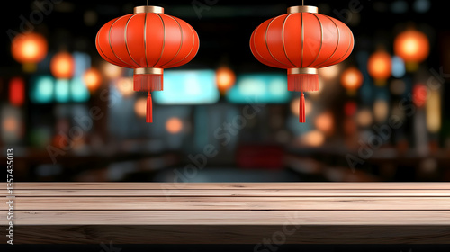 Wallpaper Mural Red Lanterns Hanging Over Dark Wooden Tabletop In Blurred Restaurant Background Torontodigital.ca