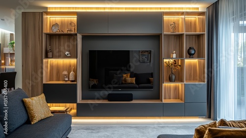 Contemporary living room wall unit with built in warm lighting and open wooden shelves in a stylish apartment home.