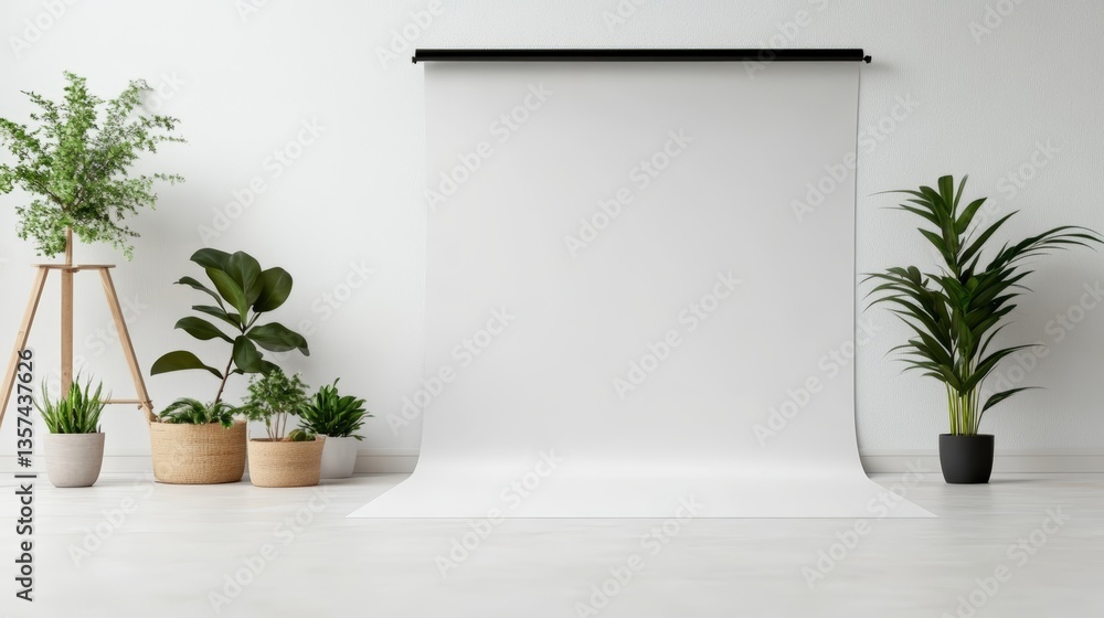 Fototapeta premium Minimalist studio setting with white backdrop plants and clean floor against white wall creating serene and contemporary artistic atmosphere design space
