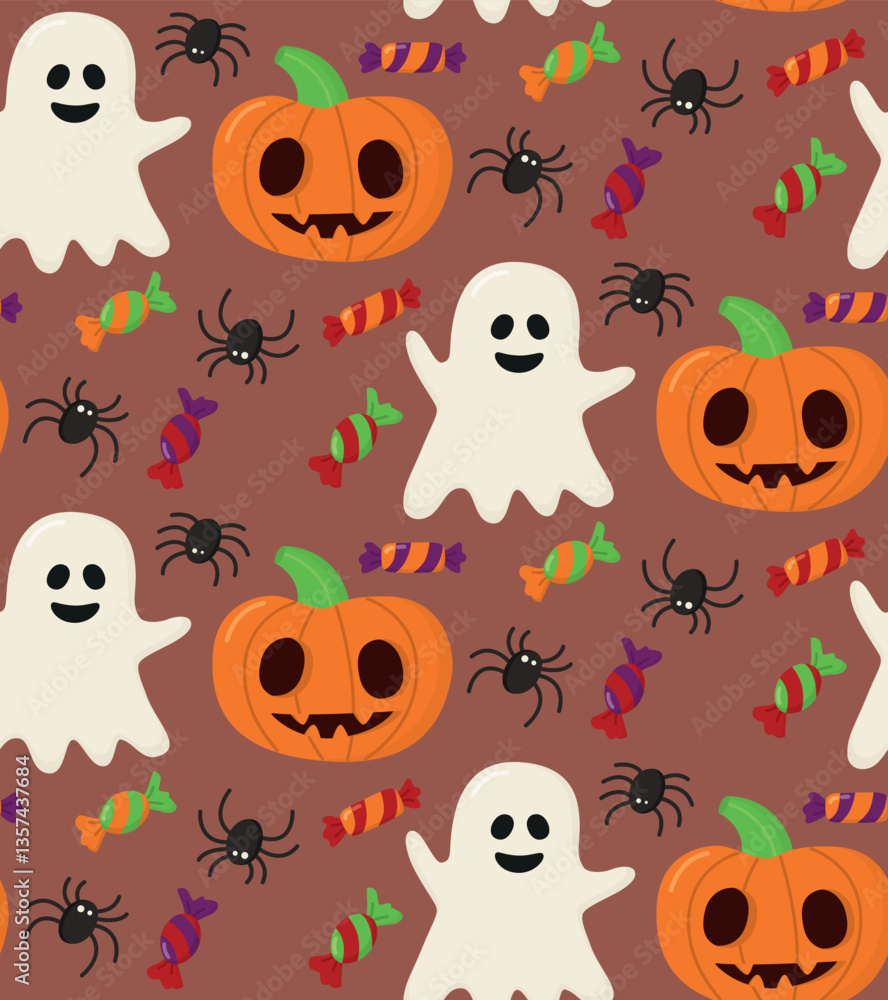 Seamless halloween pattern with ghosts, candy, spiders and pumpkins. Cute spooky background Seamless halloween pattern with ghosts, candy, spiders and pumpkins. Cute spooky background