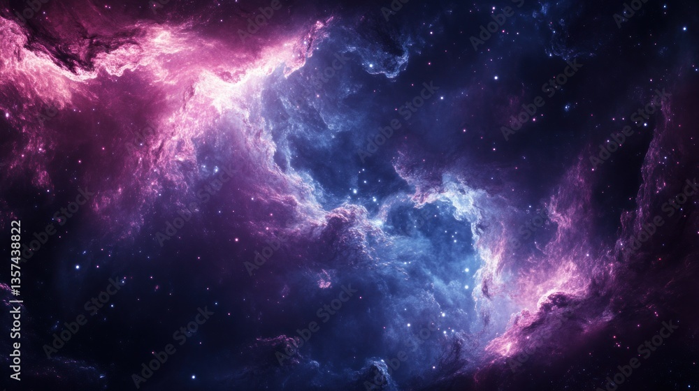 Fototapeta premium Beautiful ethereal galaxy nebula background with pink and blue gas clouds in deep outer space cosmic starfield