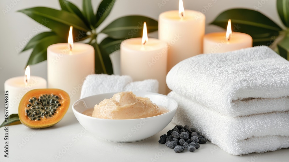 Aromatic Candle Glowing Beside Fresh Blueberries and Gentle Soap Bowl Aromatic Candle Glowing Beside Fresh Blueberries and Gentle Soap Bowl