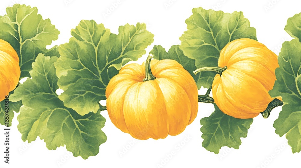Obraz premium Seamless pattern of yellow pumpkins and green leaves.