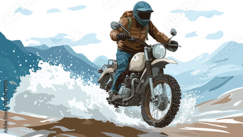 A stylized illustration depicting a motorcyclist riding a vintage-style motorcycle through a shallow body of water on a mountain road. The motorcycle is off-road style, and the rider is wearing a