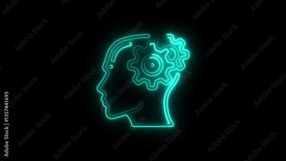 Glowing neon line Human head with gear inside icon isolated on black background. Glowing neon line Human head with gear inside icon isolated on black background.