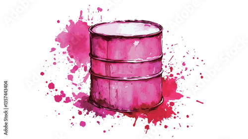 A digital watercolor painting depicting a pink metal barrel. The barrel is cylindrical with visible banding.  The style is loose and painterly, with visible brushstrokes and watercolor texture.
