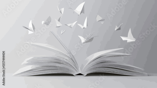 The image shows a digitally rendered open book with several small, white paper origami butterflies emanating from its pages. The book and butterflies are rendered in shades of white and light grey