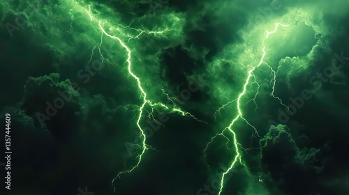 Electric green lightning bolt illuminates a darkened room with an otherworldly glow, its vibrant hue casting an ethereal light on the surrounding space, shockwave, atmospheric