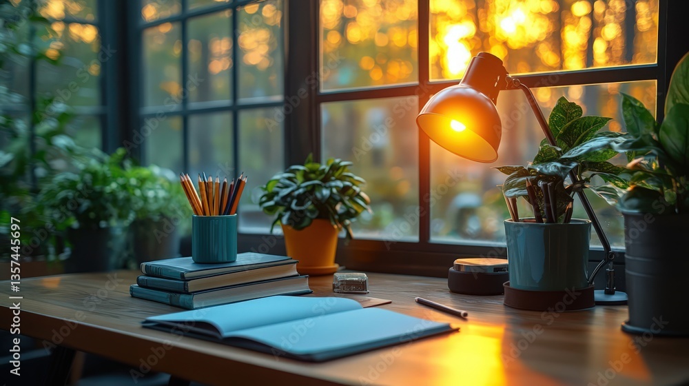 Warm and inviting study desk with open book and sunset view through window Warm and inviting study desk with open book and sunset view through window