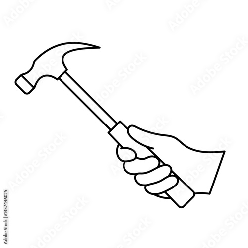 Hand Holding Hammer Outline Vector Illustration. A black and white vector illustration of a hand firmly gripping a hammer.