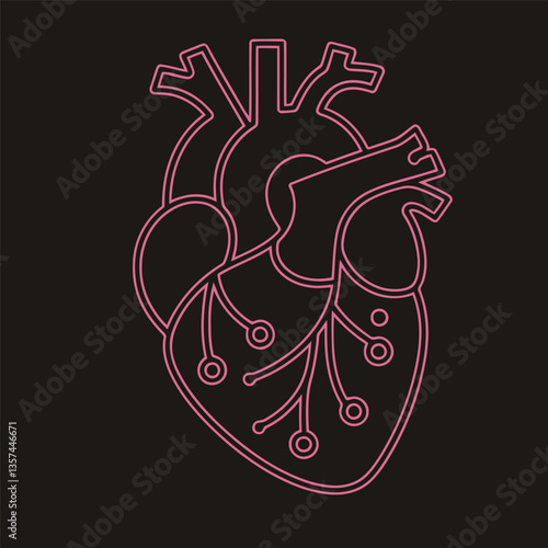 Wallpaper Mural Futuristic Neon Heart Circuit – Digital Anatomy Illustration. A striking digital illustration of a human heart designed with neon circuit-like lines on a dark background. This modern, tech-inspired re Torontodigital.ca