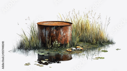 The image is a detailed illustration or painting depicting a rusty, cylindrical metal barrel situated amidst tall, wild grasses and some small plants. The barrel shows significant signs of rust and