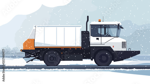 The image shows a profile view of a white and orange snow removal truck. The truck is large, with a rectangular body and a plow attached to the front.  It is depicted driving on a snowy road with a