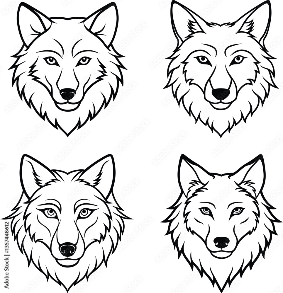 Fototapeta premium Wolf Line Art Illustration Pack Hand Drawn Black & White Wolf Clipart Coloring page