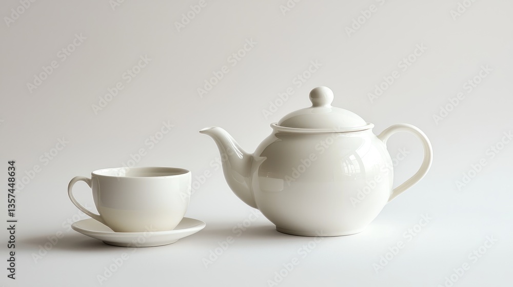 Elegant Arrangement of White Teapot and Cup on Cream Background Ideal for a Tea Time Still Life Elegant Arrangement of White Teapot and Cup on Cream Background Ideal for a Tea Time Still Life