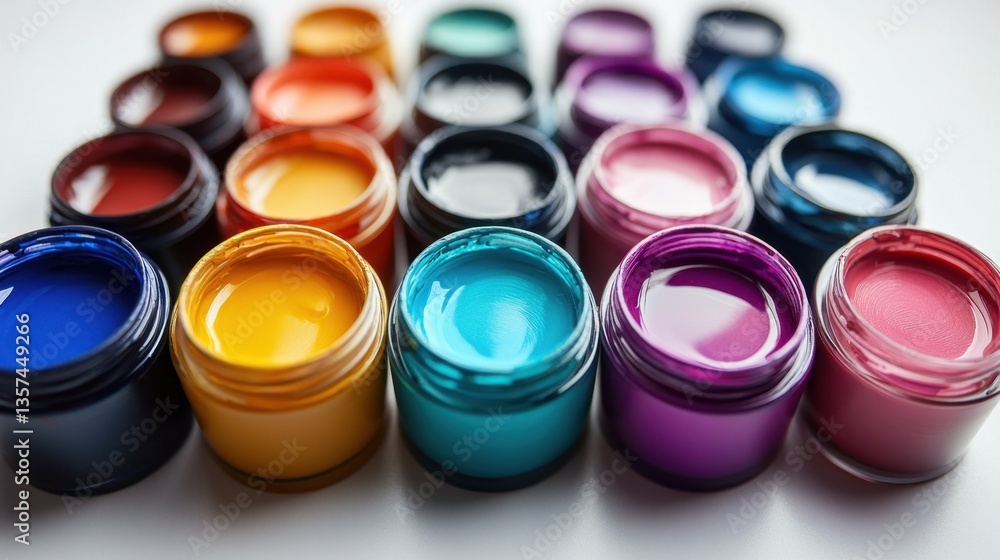 Array of Vibrant Paint Colors in Jars Artistic Expression Creative Palette Colorful Pigments Close Up View Array of Vibrant Paint Colors in Jars Artistic Expression Creative Palette Colorful Pigments Close Up View