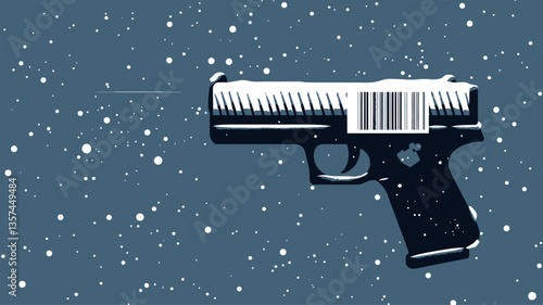 A stylized illustration of a handgun with a barcode across its body. The handgun is depicted in black and white with a small red detail. The background is a dark blue color with small white specks