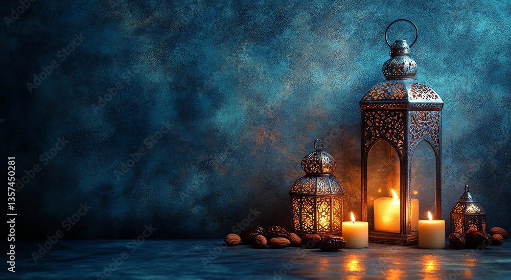 Fototapeta premium Ornate Lanterns Glow with Candles and Dates for Ramadan Decoration
