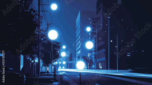 The image is a long exposure photograph of a city street at night. The scene is predominantly bathed in cool blue tones, emanating from numerous bright streetlights lining both sides of the street.