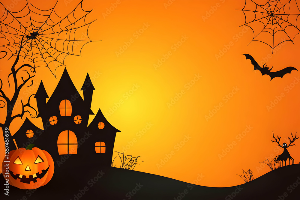 Spooky Halloween scene featuring a haunted house, jack-o-lantern, spider webs, and bats against an orange sunset backdrop. Spooky Halloween scene featuring a haunted house, jack-o-lantern, spider webs, and bats against an orange sunset backdrop.
