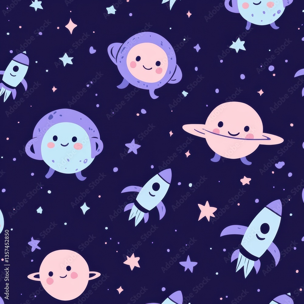 Fototapeta premium Seamless baby pattern bursting with cheerful planets, smiling astronauts, and playful rockets in vibrant blue and purple tones Generative AI