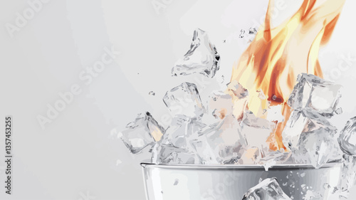 Close-up shot of a white container seemingly filled with water, ice cubes are being ejected from it.  A bright orange and yellow flame is prominently featured, interacting with the ice cubes. The