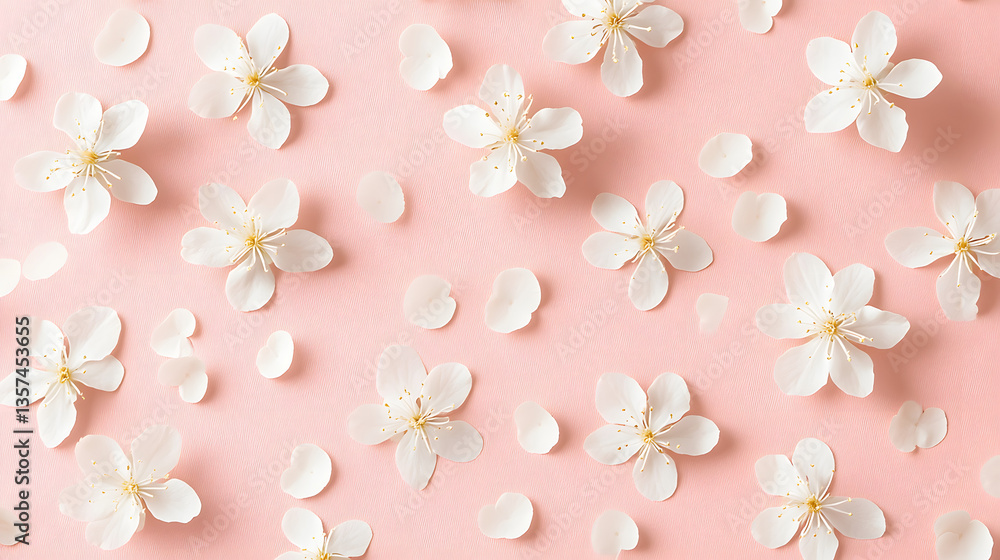 Blossom Elegance: Delicate white blossoms and petals are scattered on a soft pink surface, creating an ethereal and romantic scene. Blossom Elegance: Delicate white blossoms and petals are scattered on a soft pink surface, creating an ethereal and romantic scene.