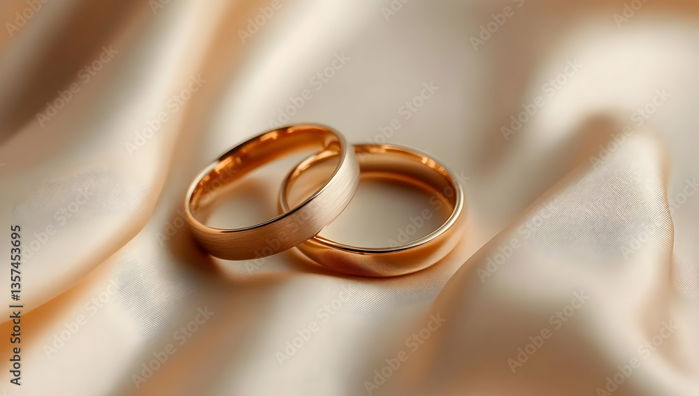 Two elegant wedding rings resting gently on soft satin fabric, symbolizing love and commitment in a romantic setting. Two elegant wedding rings resting gently on soft satin fabric, symbolizing love and commitment in a romantic setting.