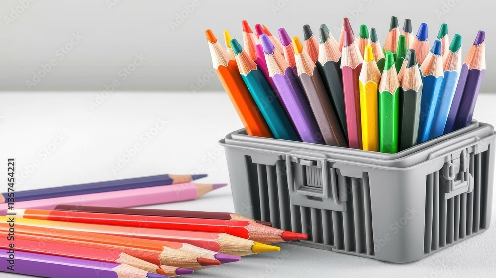 A container filled with vibrant colored pencils, alongside a few scattered pencils, set against a neutral background. A container filled with vibrant colored pencils, alongside a few scattered pencils, set against a neutral background.