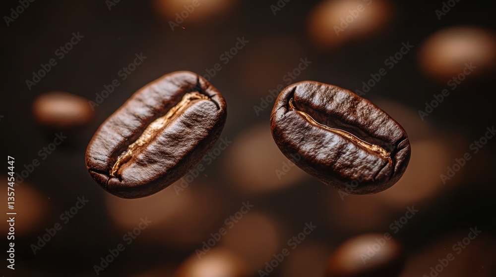 Two roasted coffee beans floating in a dark brown space with a shallow depth of field and soft light creating a warm and inviting mood Two roasted coffee beans floating in a dark brown space with a shallow depth of field and soft light creating a warm and inviting mood