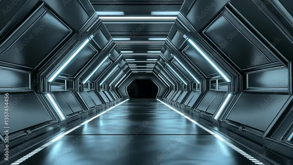 Futuristic corridor with sleek metallic walls and illuminated edges, leading to darkness Futuristic corridor with sleek metallic walls and illuminated edges, leading to darkness