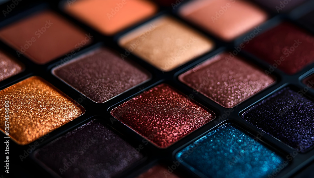 Vibrant close-up of an eyeshadow palette showcasing various shimmering shades, perfect for beauty enthusiasts and makeup art. Vibrant close-up of an eyeshadow palette showcasing various shimmering shades, perfect for beauty enthusiasts and makeup art.