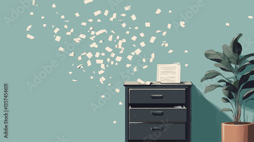 A digital illustration depicting a teal wall with white paper shapes floating from a dark gray chest of drawers. On top of the drawers is a small light-colored card. A houseplant in a terracotta