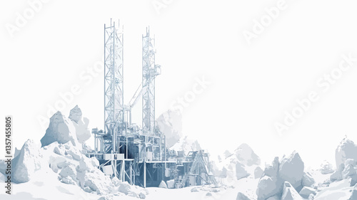 The image shows a monochrome, high-angle, long shot of an oil rig partially obscured by a blizzard. The rig is predominantly white and light blue, suggesting a covering of snow and ice.  The