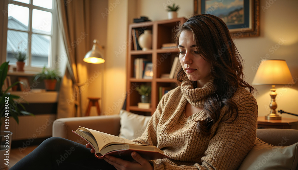 Fototapeta premium Woman reading a book with focus in a cozy living room 