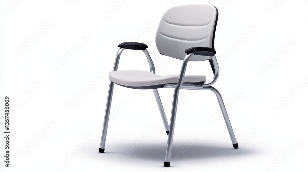 Obraz premium A modern white chair with a sleek design, featuring armrests and a chrome frame, suitable for various settings.