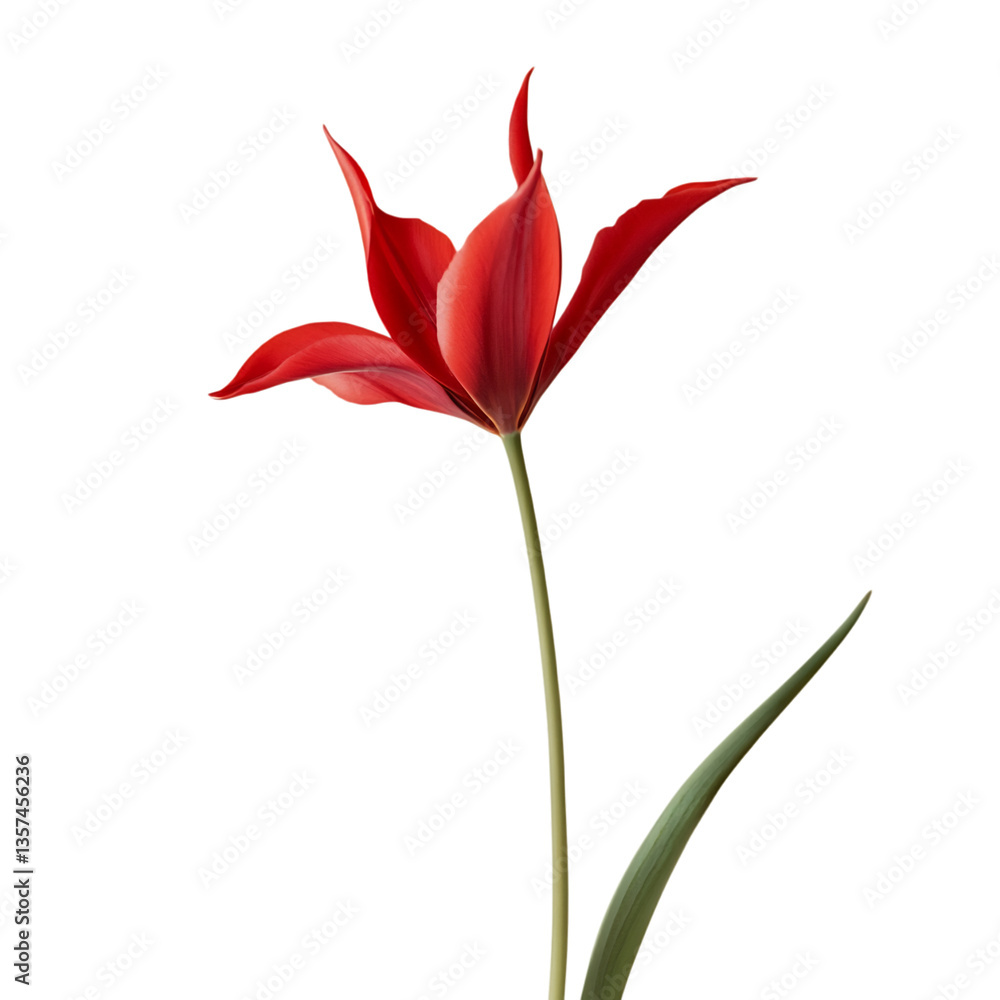 Fototapeta premium A Brilliant Red Tulip with Smooth Slender Petals Isolated on Transparent Background