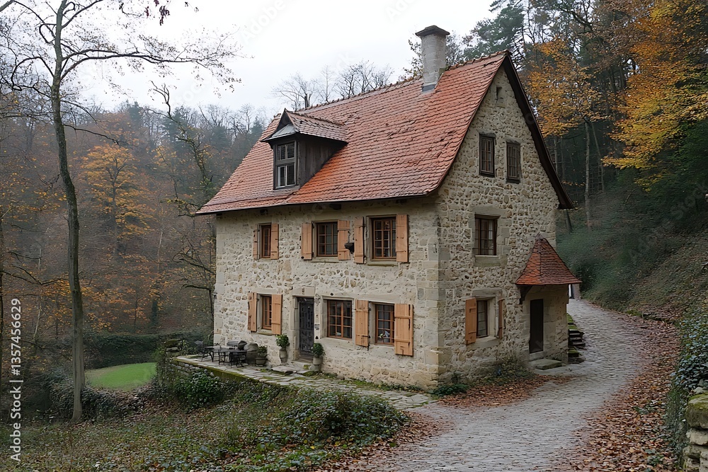 Fototapeta premium Stone house, autumn woods, path