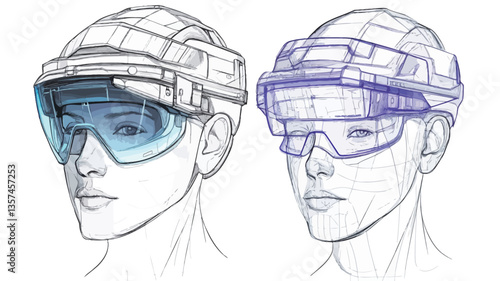 Line drawing illustration of two different designs for a futuristic head-mounted display (HMD).  Each design features a headset-like structure with lenses covering the eyes. One design is rendered