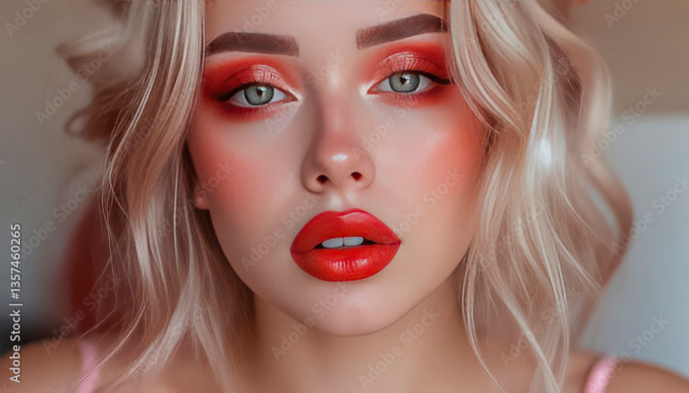 Fototapeta premium Fashion portrait of super beautiful mysterious high-born model with bright makeup on her face and sensual lips