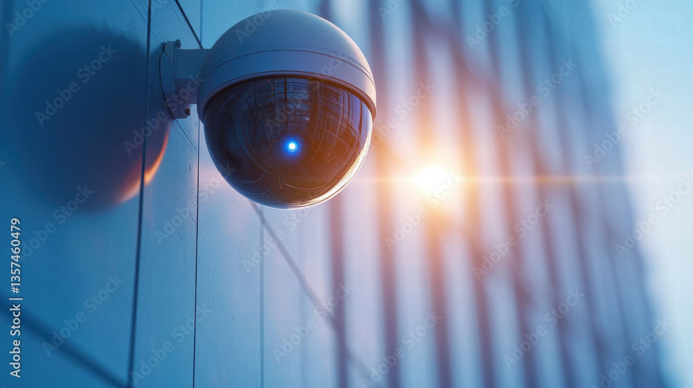 Naklejka premium High tech security camera with infrared features mounted building, capturing surveillance