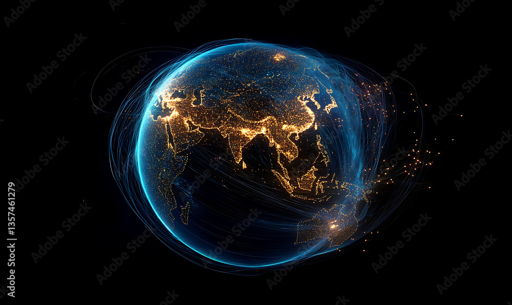 A glowing digital Earth, centered on Asia, is enveloped in a network of light trails and nodes, symbolizing global connectivity and data flow. The dark background emphasizes the planet's prominence A glowing digital Earth, centered on Asia, is enveloped in a network of light trails and nodes, symbolizing global connectivity and data flow. The dark background emphasizes the planet's prominence
