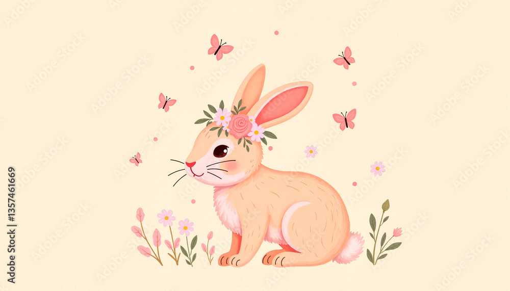 Fototapeta premium Cute fluffy bunny adorned with flower crown, magical illustration