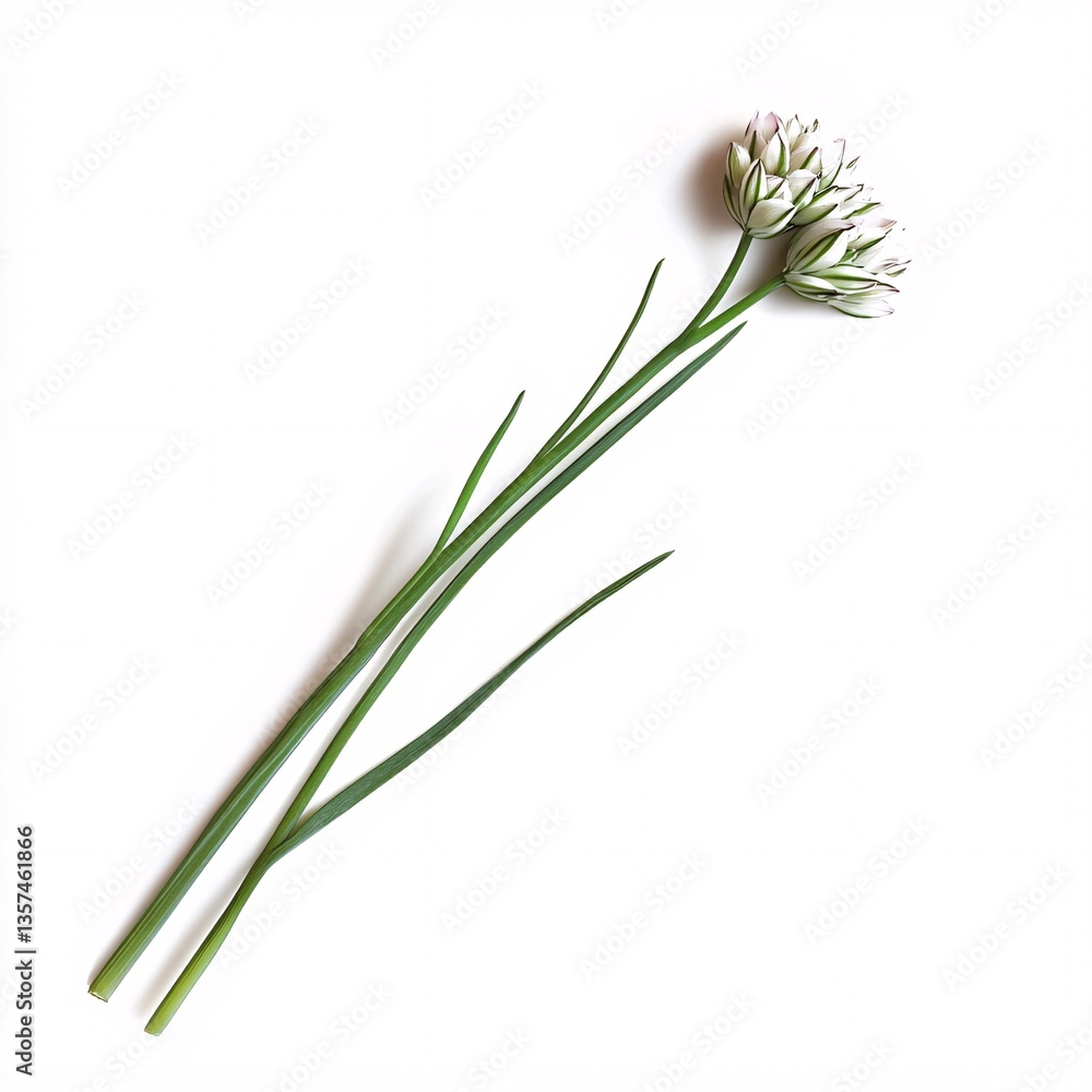 Fototapeta premium Isolated vibrant chive flower atop sleek green stem on bright backdrop
