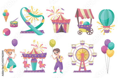 Amusement park set in flat cartoon design. Collection graphic elements with circus, roller coaster, hot air balloon, carousel, kiosk, girl, boy, attractions, ferris wheel, other. Vector illustration.