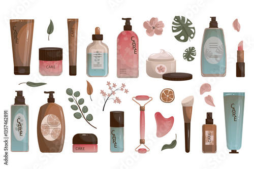 Beauty routine products set in flat cartoon design. Collection graphic elements with cream jar, lotion tube, serum, shampoo bottle, gel, facial massage roller, other cosmetics. Vector illustration.