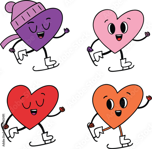 Cute Heart Characters Ice Skating Vector Set
