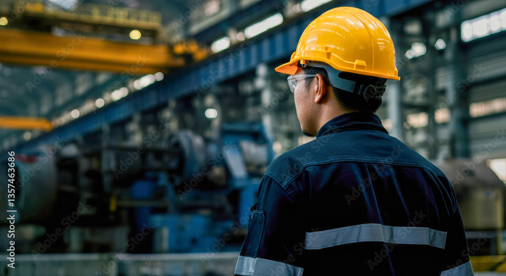 Worker observes operations in a large manufacturing facility during daytime Worker observes operations in a large manufacturing facility during daytime