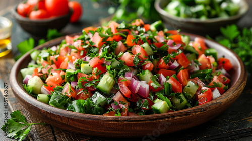 Colorful plate of Egyptian Salata Baladi salad with tomatoes, cucumbers, onions, parsley, and lemon vinaigrette on a wooden platter.