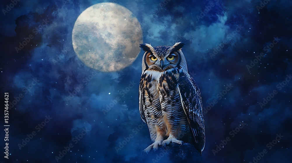 Obraz premium A silent owl watches over the forest with moonlight in its eyes
